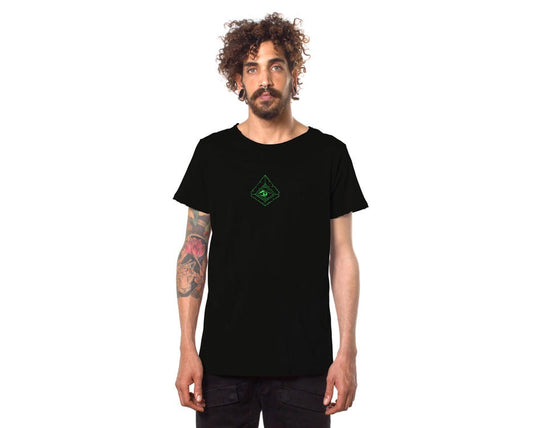 Stylish man in black shirt with green logo, perfect for festivals.